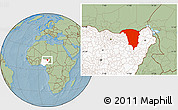 Savanna Style Location Map of Yobe, highlighted country, hill shading