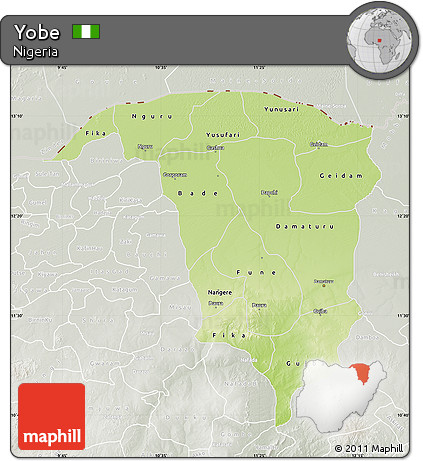 Physical Map of Yobe, lighten, semi-desaturated