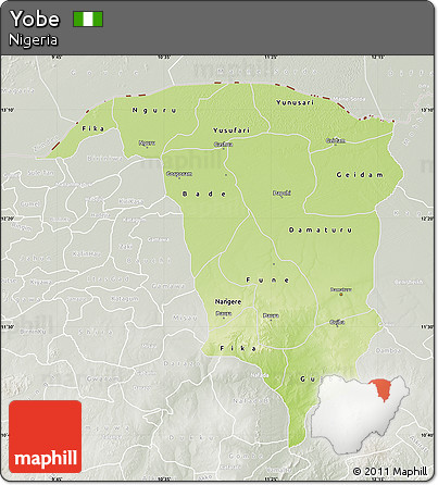 Physical Map of Yobe, lighten, semi-desaturated