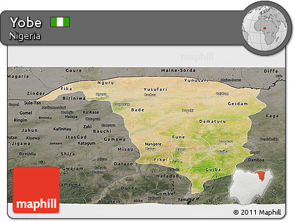 Satellite Panoramic Map of Yobe, darken, semi-desaturated