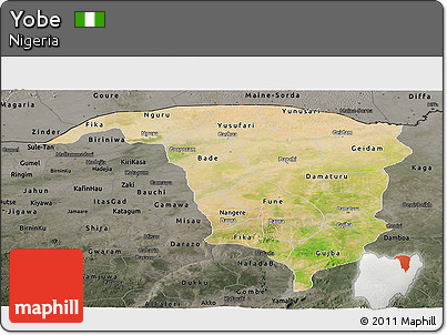 Satellite Panoramic Map of Yobe, darken, semi-desaturated