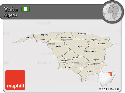 Shaded Relief Panoramic Map of Yobe, single color outside