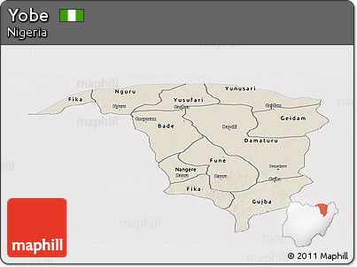 Shaded Relief Panoramic Map of Yobe, single color outside