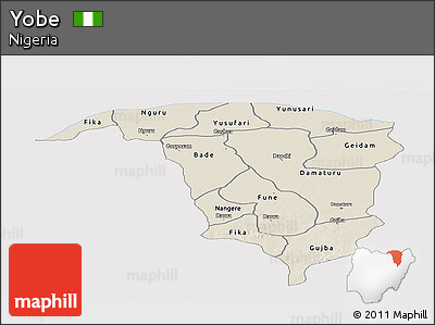 Shaded Relief Panoramic Map of Yobe, single color outside