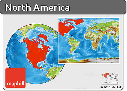 Physical Location Map of North America, within the entire world