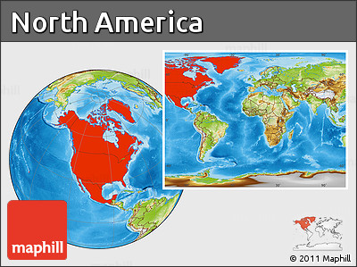 Physical Location Map of North America, within the entire world