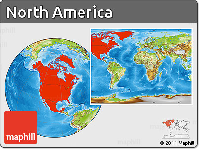 Physical Location Map of North America, within the entire world