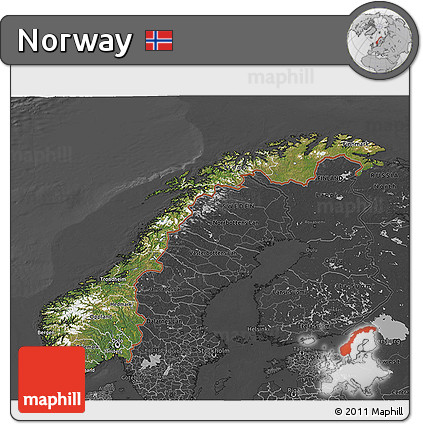 Satellite 3D Map of Norway, darken, desaturated