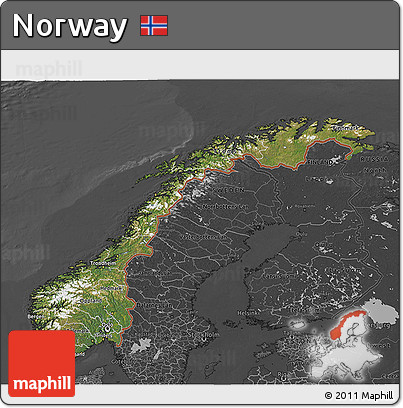 Satellite 3D Map of Norway, darken, desaturated
