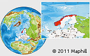 Physical Location Map of Norway, highlighted continent