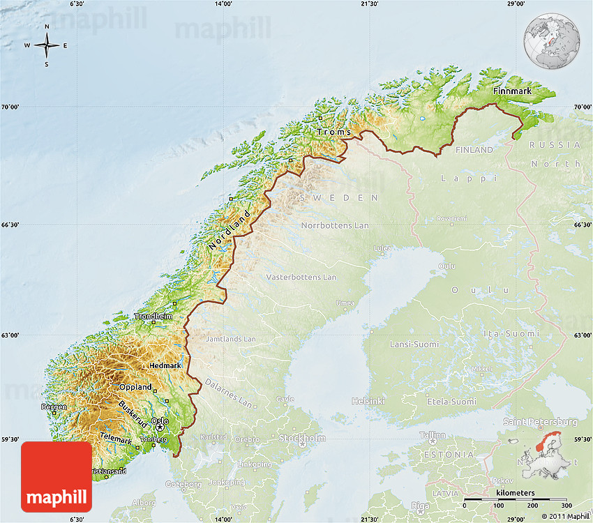Physical Map of Norway, lighten
