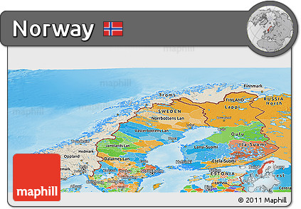 Shaded Relief Panoramic Map of Norway, political outside, shaded relief sea