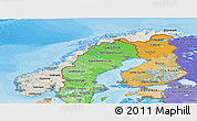 Shaded Relief Panoramic Map of Norway, political shades outside