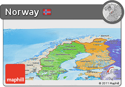 Shaded Relief Panoramic Map of Norway, political shades outside, shaded relief sea