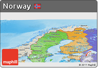 Shaded Relief Panoramic Map of Norway, political shades outside, shaded relief sea