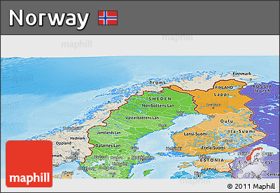 Shaded Relief Panoramic Map of Norway, political shades outside, shaded relief sea