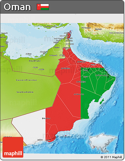Flag 3D Map of Oman, physical outside, bathymetry sea, flag rotated