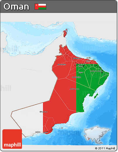 Flag 3D Map of Oman, single color outside, bathymetry sea, flag rotated