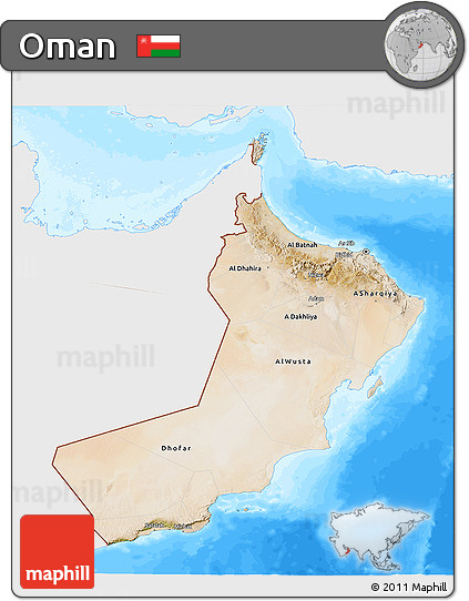 Satellite 3D Map of Oman, single color outside, bathymetry sea