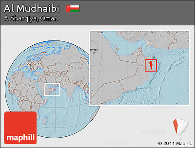 Gray Location Map of Al Mudhaibi, within the entire country, hill shading