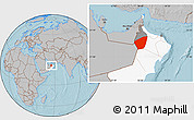 Gray Location Map of Ibri, highlighted country, highlighted parent region, hill shading