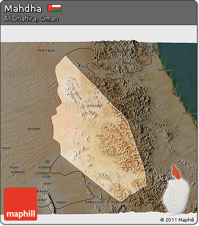 Satellite 3D Map of Mahdha, darken