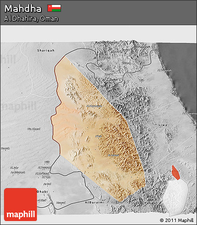 Satellite 3D Map of Mahdha, desaturated