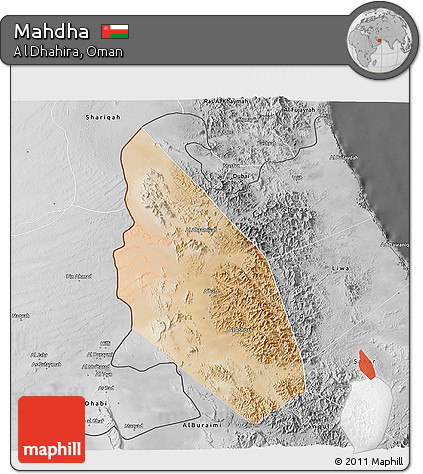 Satellite 3D Map of Mahdha, desaturated