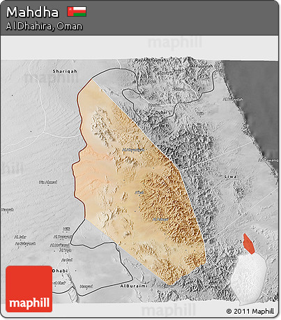 Satellite 3D Map of Mahdha, desaturated