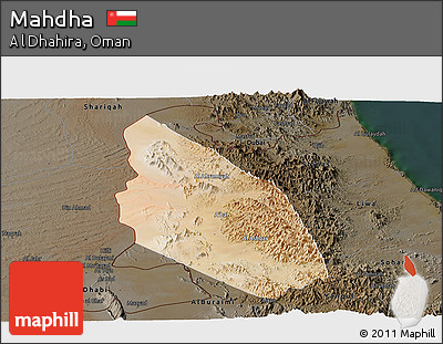 Satellite Panoramic Map of Mahdha, darken