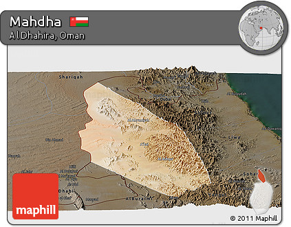 Satellite Panoramic Map of Mahdha, darken