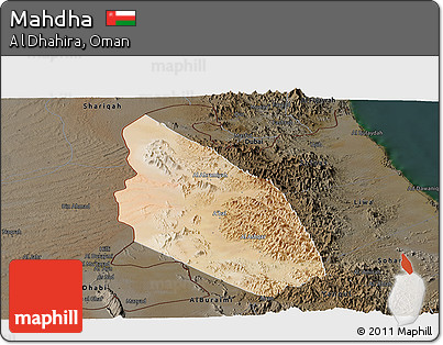 Satellite Panoramic Map of Mahdha, darken