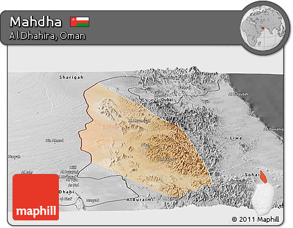 Satellite Panoramic Map of Mahdha, desaturated
