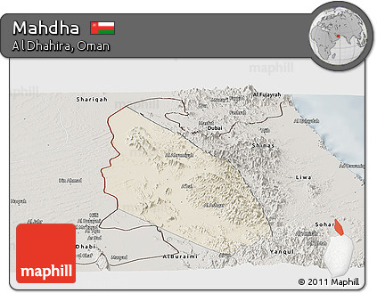 Shaded Relief Panoramic Map of Mahdha, semi-desaturated