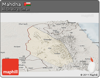 Shaded Relief Panoramic Map of Mahdha, semi-desaturated