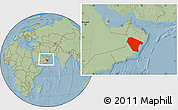 Savanna Style Location Map of Al Wusta, within the entire country, hill shading
