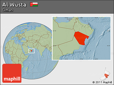Savanna Style Location Map of Al Wusta, hill shading