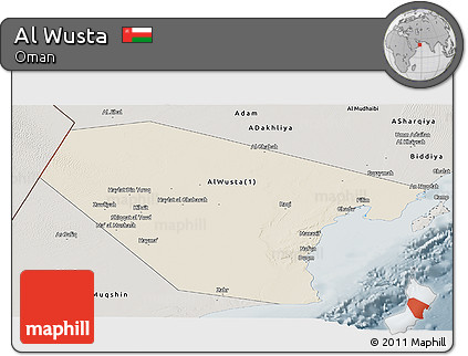 Shaded Relief Panoramic Map of Al Wusta, semi-desaturated