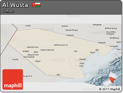 Shaded Relief Panoramic Map of Al Wusta, semi-desaturated