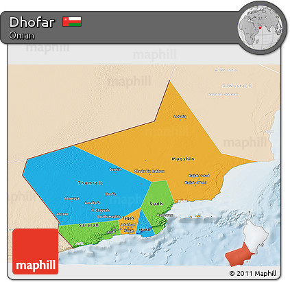 Political 3D Map of Dhofar, lighten