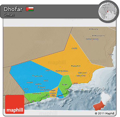 Political 3D Map of Dhofar, semi-desaturated