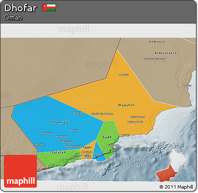 Political 3D Map of Dhofar, semi-desaturated