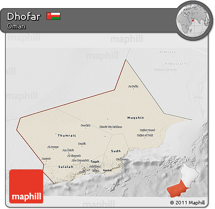 Shaded Relief 3D Map of Dhofar, lighten, desaturated