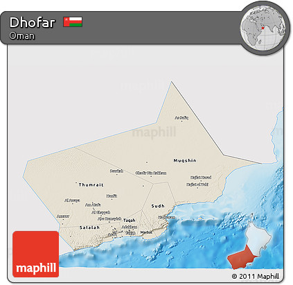 Shaded Relief 3D Map of Dhofar, single color outside