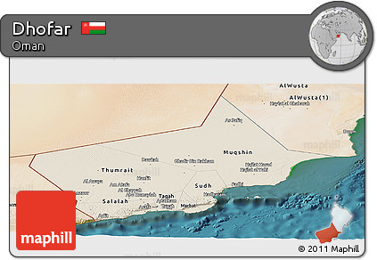 Shaded Relief Panoramic Map of Dhofar, satellite outside