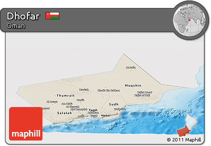 Shaded Relief Panoramic Map of Dhofar, single color outside