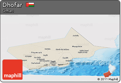 Shaded Relief Panoramic Map of Dhofar, single color outside
