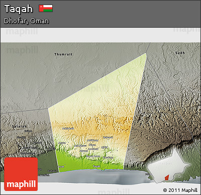 Physical 3D Map of Taqah, darken, semi-desaturated