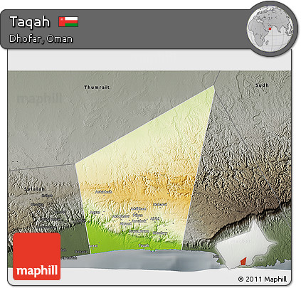 Physical 3D Map of Taqah, darken, semi-desaturated