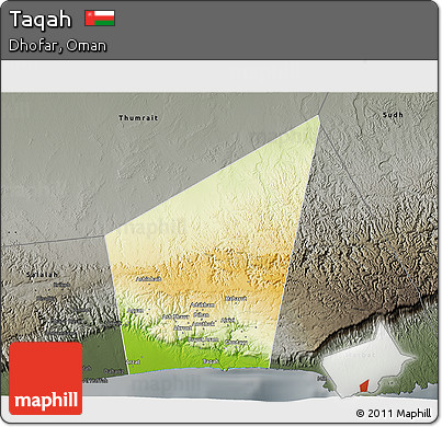 Physical 3D Map of Taqah, darken, semi-desaturated
